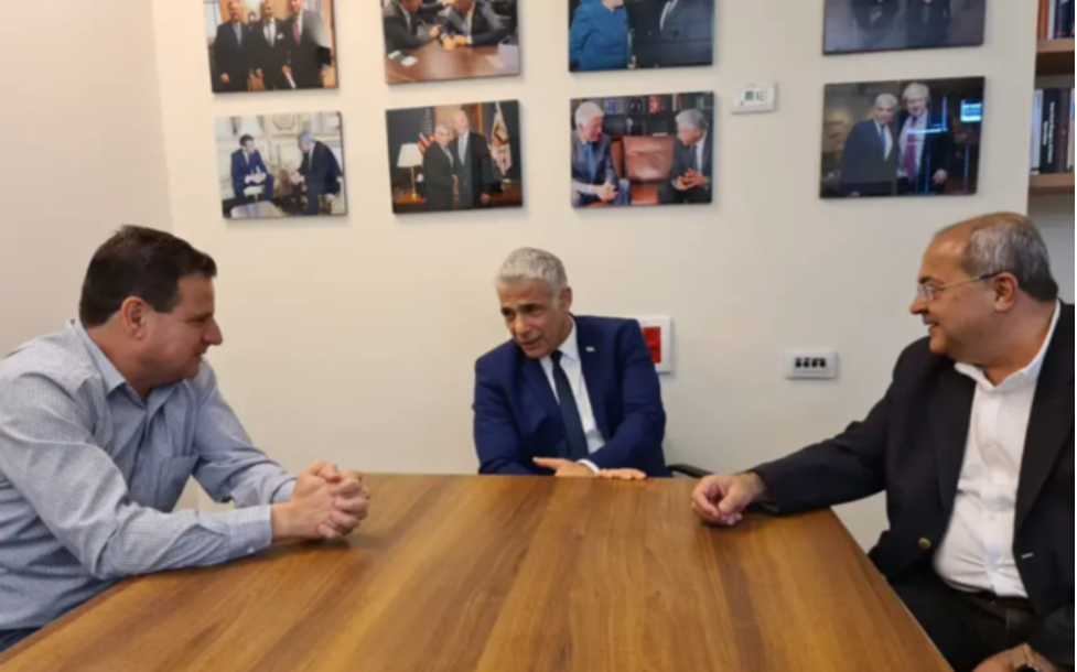 Lapid, Ayman Odeh and Ahmad Tibi meeting in the Israeli Parliament in April 2021. From: The times of Israel 