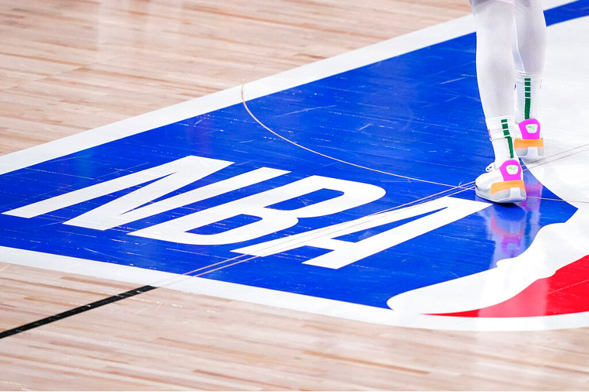The NBA logo on a court from a game during the bubble, Sep 25, 2020(AP/ Mark J. Terrill)
