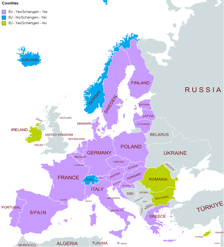 Schengen countries as of 2023. Note: Ireland opted out of Schengen. (Schengen) 