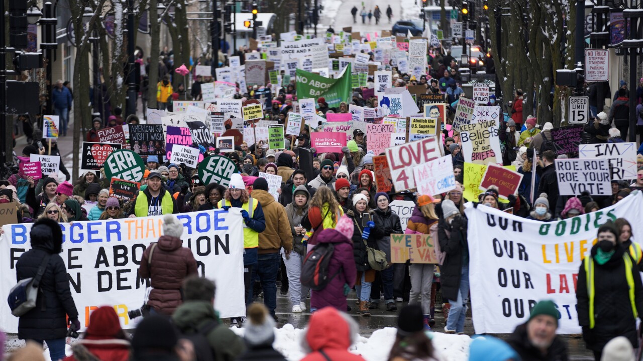 Women’s abortion rights march in Wisconsin, Madison on Jan. 22, 2023. (AP Photo/Morry Gash)